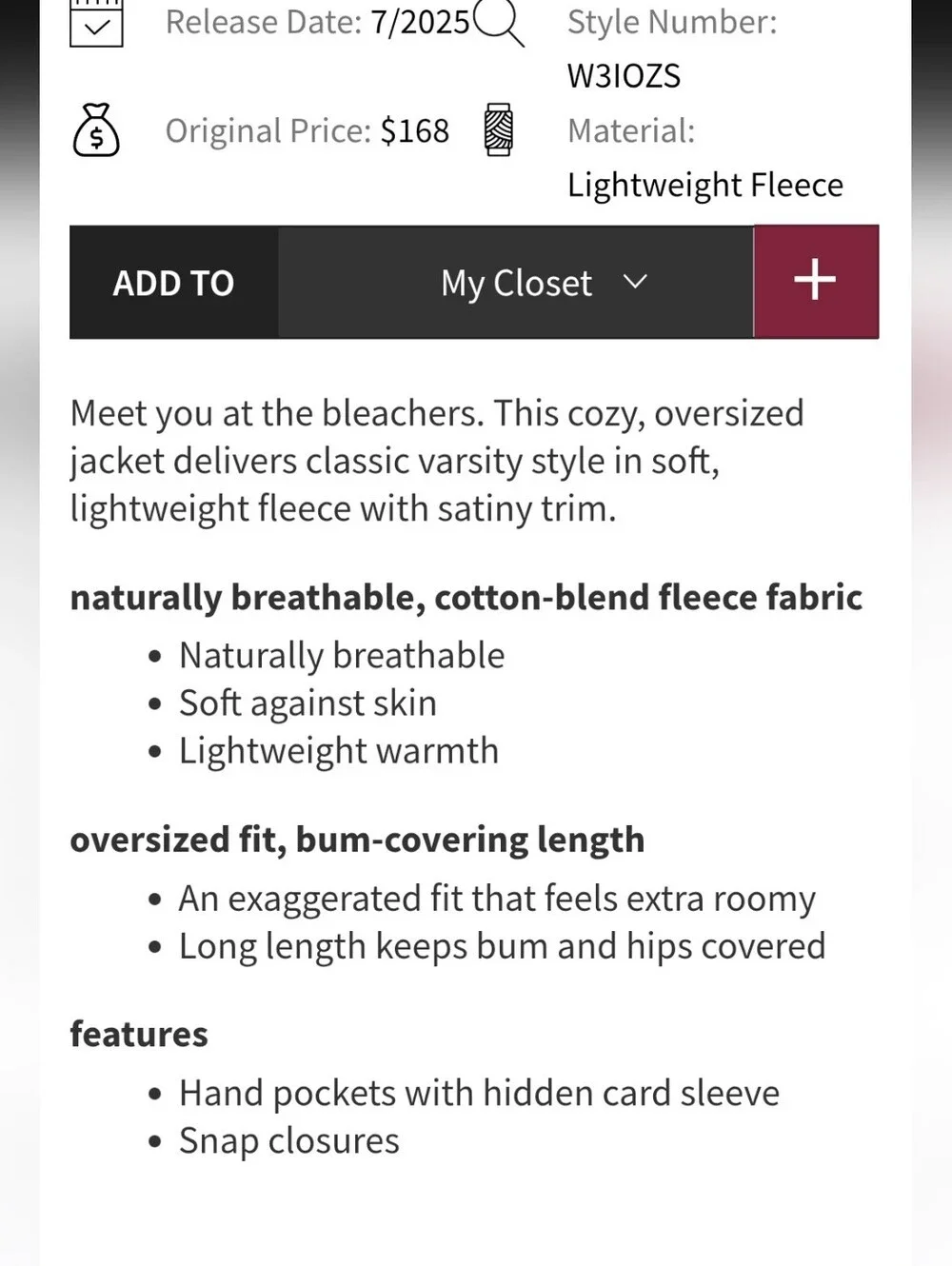 lululemon athletica Oversized Collegiate Black & Cream Varsity Jacket